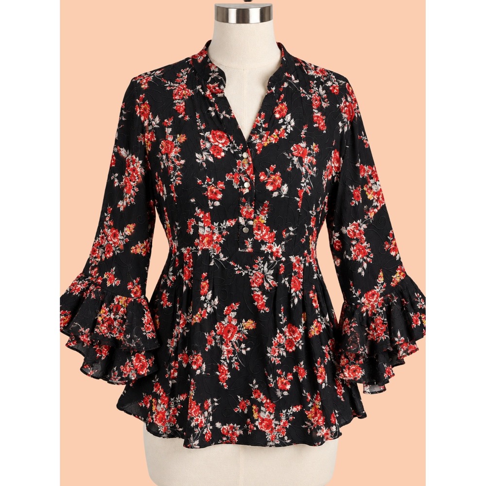 Cocomo XXL Whimsigoth Floral Peplum Blouse Black Red Ruffle Bell Sleeve Top